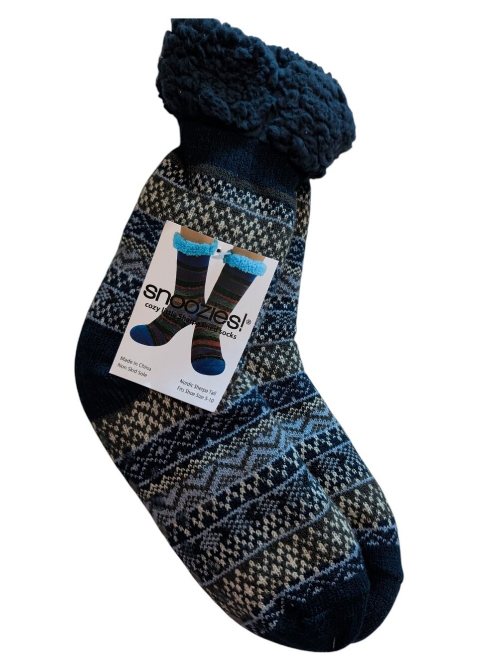 Snoozies! Men's Cozy Fleece-Lined Blue Patterned Cabin Socks New Giftable